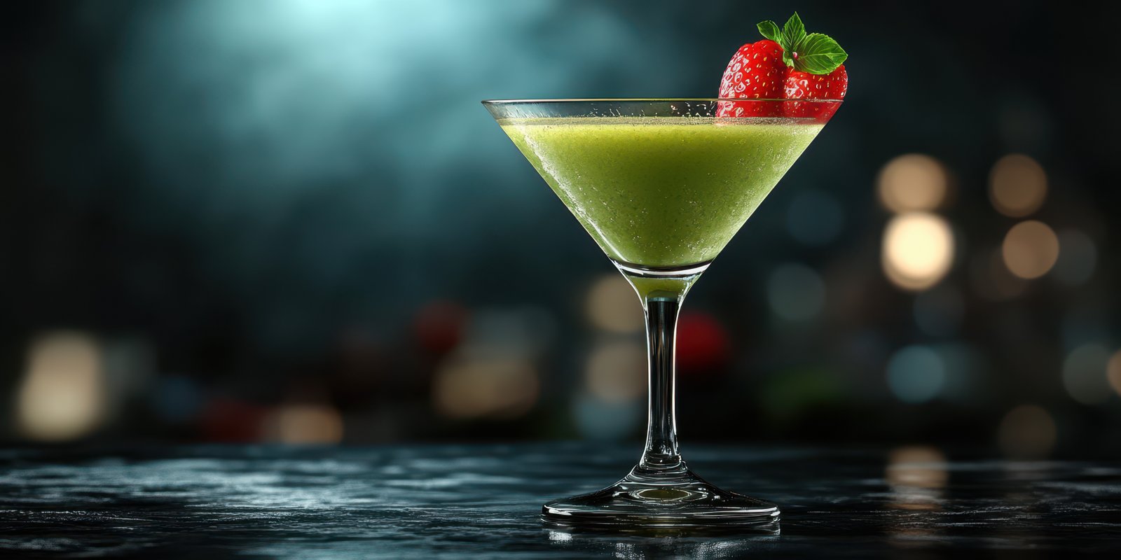Vibrant green cocktail garnished with fresh strawberries served on a dark bar countertop during a lively night out